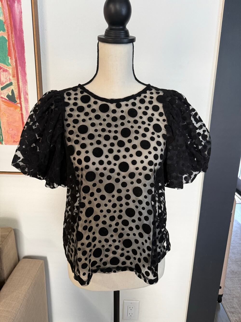 Haute Monde Black Sheer Polka Dot Mesh Puff Sleeve Blouse Women’s Size Small